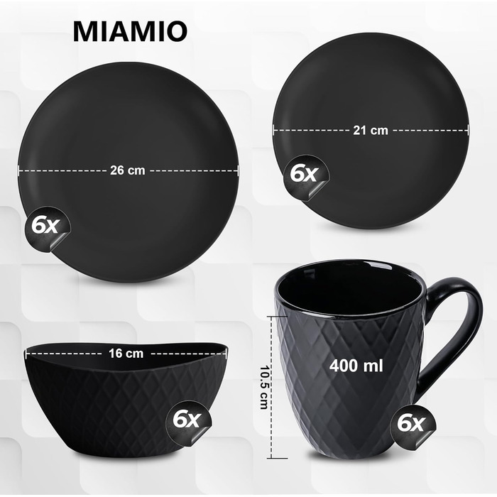 MIAMIO Набір посуду з 24 предметів з кераміки (тафельський сервіз) для 6 осіб, чорний колір, Palmanova Collection. Підходить для миття в посудомийній машині та використання в мікрохвильовці.