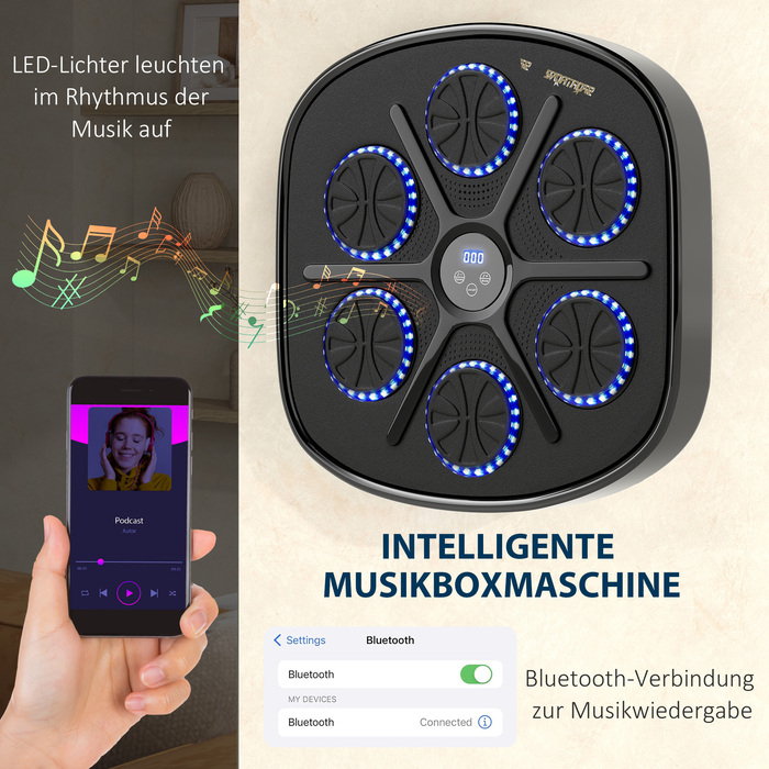 Спортивний Музичний Боксер: Ритмічна Машина для Тренувань, 9 Режимів, Bluetooth, LED-підсвічування, з Боксерськими Рукавичками, Чорний