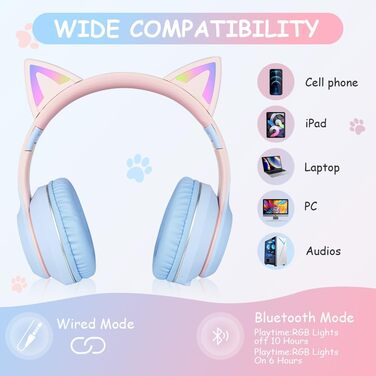 Дитячі навушники AXFEE з Bluetooth, Over-Ear з LED-підсвіткою, котячі вушка, рожево-блакитні, з мікрофоном та підтримкою Micro SD/TF для телефону/планшета/ПК