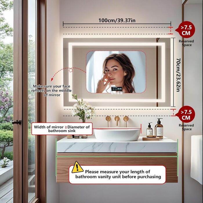 Дзеркало для ванної кімнати LUVODI з підсвічуванням Bluetooth: 100x70 см, годинник, температура, дата, антизапар, регулювання яскравості, 3 кольори світла, функція пам'яті, водонепроникне LED дзеркало для ванної кімнати