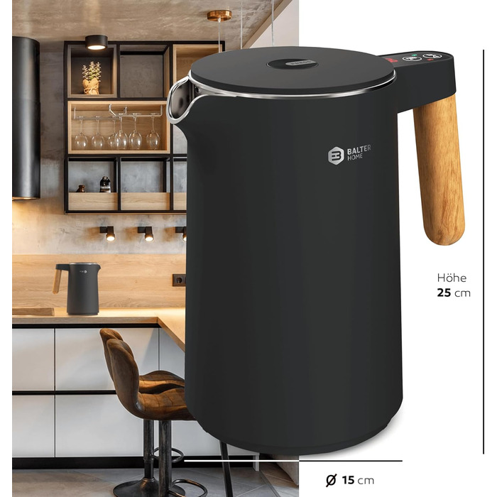 BALTER Stainless Steel Kettle with Temperature Setting, 45°C-100°C, Double-Walled, BPA Free, Quiet & Cordless, Keep-Warm Function, Tea Kettle with Temperature Display, 1.5L, 2200W, Black