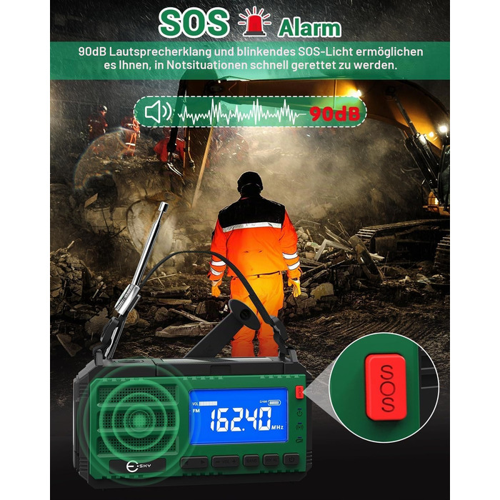 Радіоприймач Esky Kurbelradio з сонячною батареєю, 10000mAh, AM/FM, USB-зарядка, LED-ліхтарик, SOS-сигнал, компас, портативне для кемпінгу та надзвичайних ситуацій, зелений