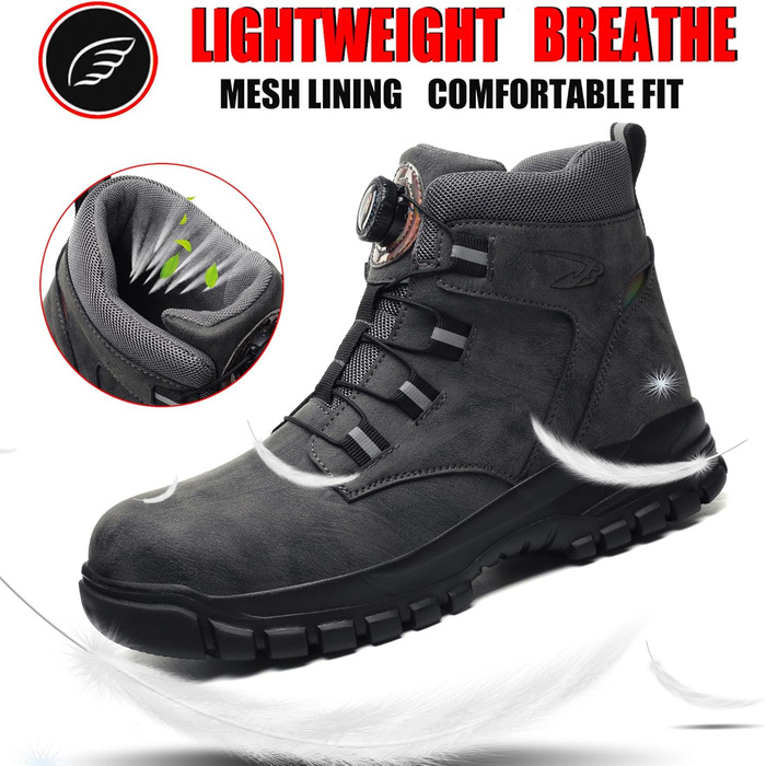 Черевики безпеки унісекс легкі водонепроникні робочі черевики зі сталевим підноском. Робочі черевики з антиковзким покриттям (46 EU, Сірий)