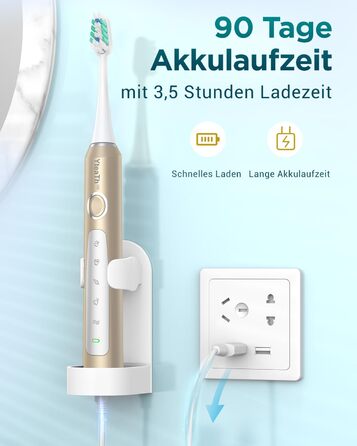 Електрична звукова зубна щітка для дорослих з 8 насадками та кейсом для подорожей, 5 режимів, водонепроникна IPX7, до 90 днів роботи від акумулятора (Золота)