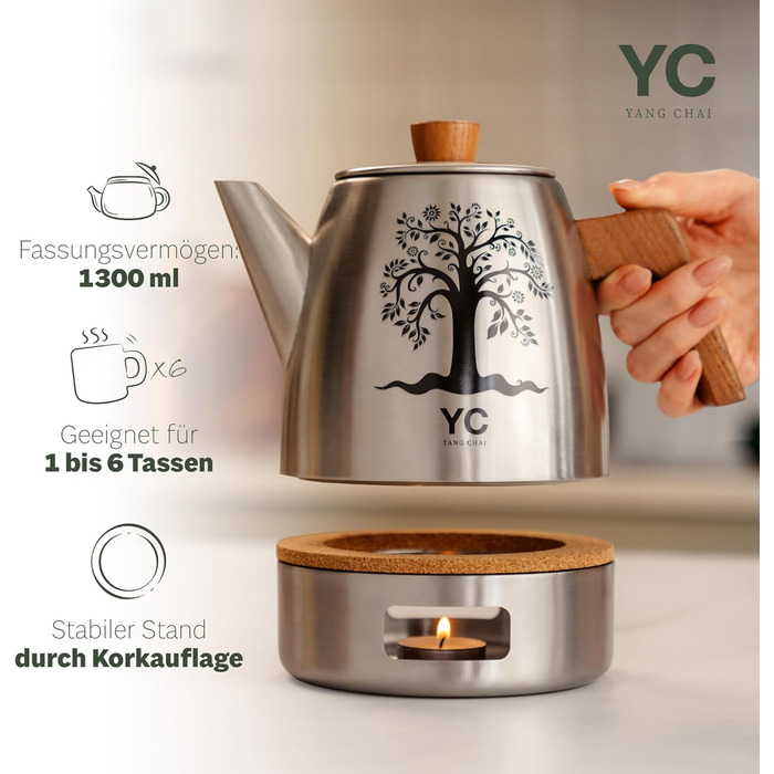 Термос-чайник YC Yang Chai з ситом із нержавіючої сталі 304, двостінний, 1.1 л, з дубовими ручками, сріблястий