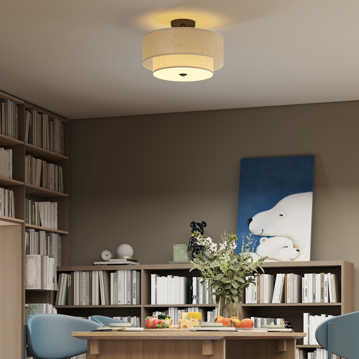 HOMCOM Pendant Light with Double Linen-Look Shades, Cream White