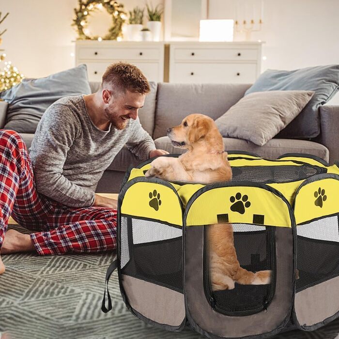 Змінний вольєр для цуценят, вольєр для тварин, вольєр для собак, 74x74x43 см, клітка для котів на вулицю та в приміщення, матеріал Оксфорд, для собак, котів, кроликів, дрібних тварин (жовтий)