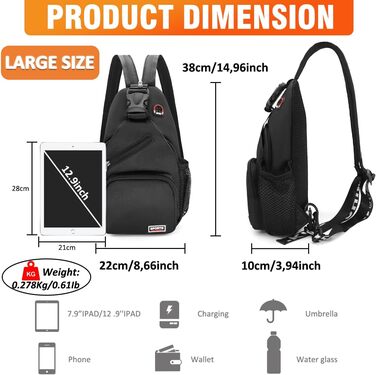 Сумка-слінг через плече чорна, рюкзак-сумка для жінок та чоловіків, сумка через тіло, спортивна сумка, casual, для подорожей та шопінгу
