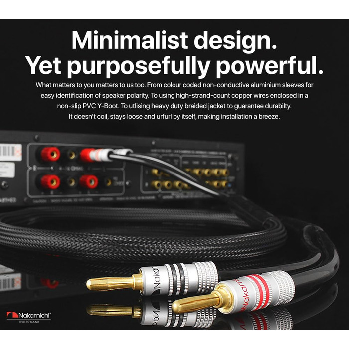 Акустичний кабель Nakamichi 12AWG з банановими роз'ємами 24K золото, 3м, безкиснева мідь (OFC), в обплетенні, для домашнього кінотеатру та підсилювача — Чорний