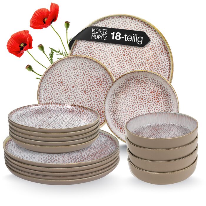 Набір посуду Moritz & Moritz ALHAMBRA на 6 осіб (18 предметів) з високоякісного порцеляну. Сучасний сервіз Mousse, легко миється. Включає 6 тарілок, 6 десертних тарілок та 6 мисок.