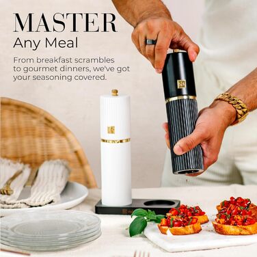 Набір для солі та перцю Styled Settings – біло-чорний з золотом, ручний, 2 шт., з регульованим керамічним жорном та дерев'яною підставкою