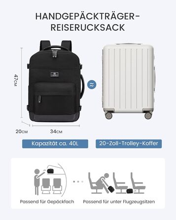 LOVEVOOK Рюкзак для ручної поклажі, дорожній рюкзак 45L, валіза-рюкзак для ноутбука 17.3 дюйма, для подорожей, ділових поїздок, вихідних (1-чорний, 47x20x34 см, 40L, комплект)
