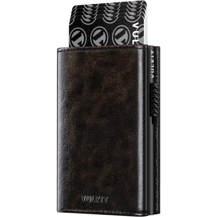 Портмоне для карток VULKIT RFID з захистом, з натуральної шкіри, з відділенням для грошей, віконцем для посвідчення та відділенням для монет, на магнітній застібці (Industrial Metallique Texture, Чорний)