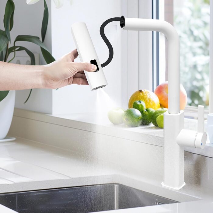Висувна кухонна змішувач-кран для кухні, сумісність з мийкою, 3 режими струменя (білий)