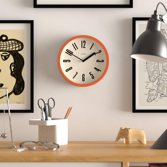 JONES CLOCKS® Hot Tub Wall Clock | Small Retro Round Clock | 20cm | Orange | Easy-to-Read Numbers | Ideal for Kitchen, Office, Kids' Room, or Any Small Space