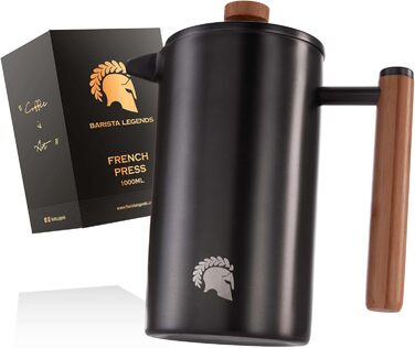 Barista Legends® French Press Stainless Steel Thermal Coffee Press (350ml) - Double-Walled Coffee Maker for Longer Fresh Filter Coffee - Also Suitable as a Coffee Maker for Camping! Metallic Black 350ml