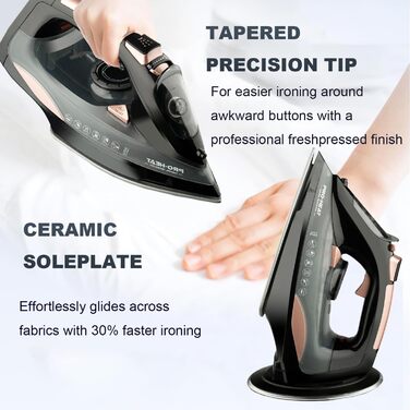 Праска 3000W з керамічною підошвою - праска з парою, самоочищення, резервуар 340мл, автоматичне вимкнення (чорна)