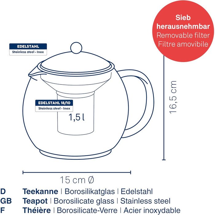 Kela 16922 Glass Teapot with Stainless Steel Infuser (1.5 L, Cylon)