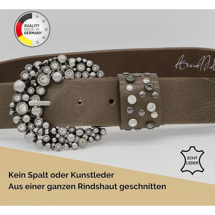 Жіночий шкіряний ремінь AnnaMatoni з розкішною стразовою пряжкою 4 см, Німеччина, сірий (100 см)