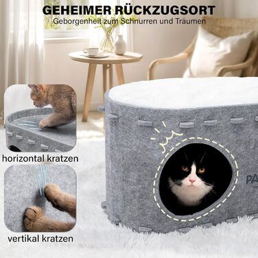 Felt Cat Cave Bed Cat House for Indoor Cats, Cave with 2 Soft and Warm Cushions, Winter-Proof, Protects Cat Claws, 58W x 33D x 30H cm, (Gray)
