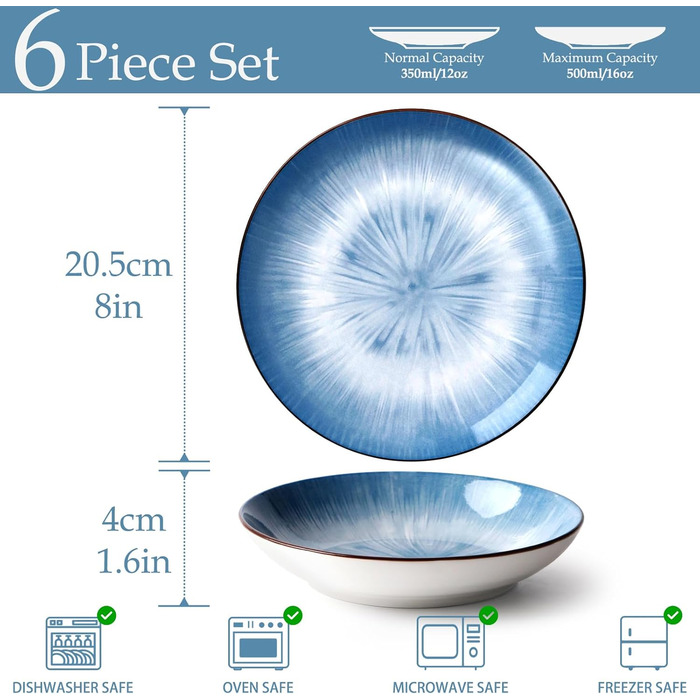 Тарілки для пасти NUTRIUPS 20.5 см, 6 шт. Керамічні тарілки для супу 500 мл, 8 дюймів, мікрохвильова та посудомийна машини, блакитні, набір
