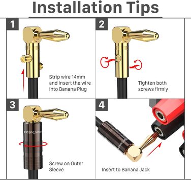 Позолочені кутові бананові роз'єми FosPower для акустичних кабелів, Hi-Fi підсилювачів та домашнього кінотеатру, з подвійними фіксаційними гвинтами (12 шт / 6 пар)