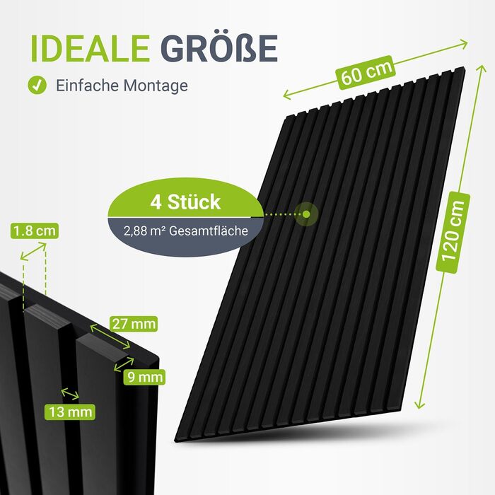 Акустичні панелі Juskys для стін, набір 4 шт (2,88 м²), 120x60 см, шумопоглинаючі декоративні панелі від луни та шуму, колір: чорний дуб