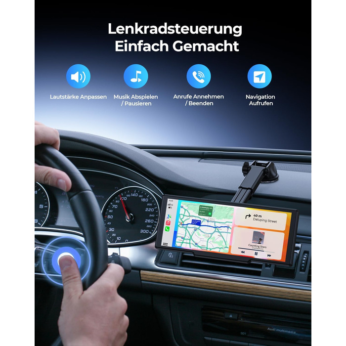 Krunia 8.1'' Бездротовий портативний CarPlay-екран 60FPS для Apple CarPlay та Android Auto з OTA-оновленнями, камерою заднього виду, Mirror Link, Bluetooth, голосовим керуванням та GPS-навігацією