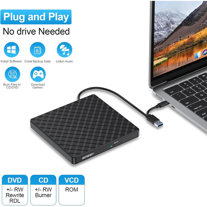 Зовнішній DVD CD привід BENEWY USB 3.0 та Type-C, портативний DVD-плеєр та записувач +/-RW для ноутбука, ПК, MacBook (Windows, Linux, Mac), чорний