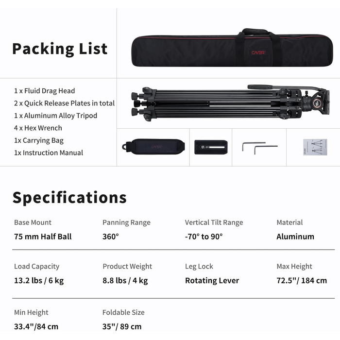 Штатив відео Cayer BV30L 72 дюйми - професійний штатив з алюмінію, рідинний упор K3, середній розвід, 6 кг, для DSLR/відеокамер + бонус Quick Release Plate