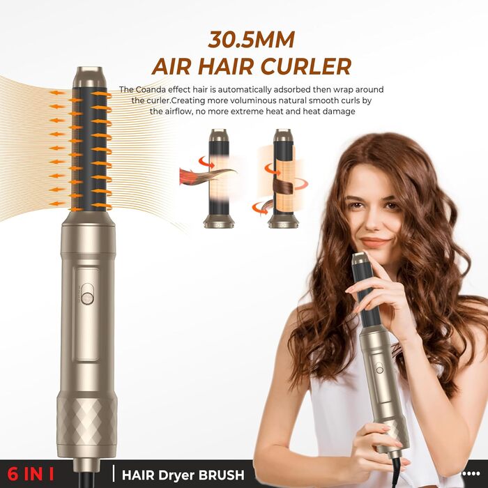 Набір Airstyler Warmluftbürste 6 в 1: фен, круглі щітки, браш, локони, випрямляч, золото