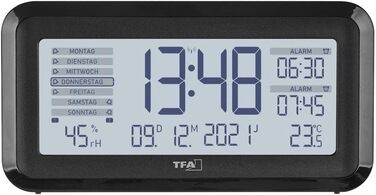 TFA Dostmann Digital Radio Alarm Clock BOXX2, 60.2562.01, German display, 2 alarm times, room climate monitoring, with weekday, with battery, black, (L) 138 x (W) 52 x (H) 72 mm