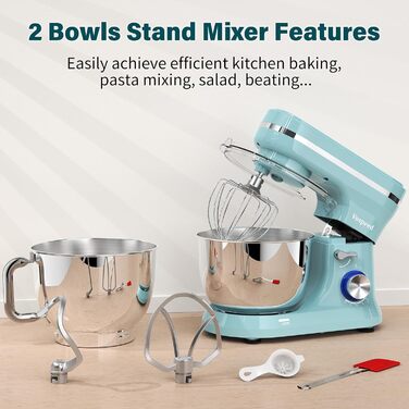 Планетарний міксер Vospeed для замісу тіста 5QT, кухонна машина з чашею з нержавіючої сталі, 8 швидкостей, набір насадок (гак, вінчик, міксер), синій