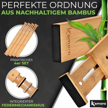Kamoro Drawer Dividers made of natural bamboo [Set of 4] - With feather for secure hold and furniture-friendly ends - Adjustable drawer organizer between 44 and 56 cm - (Large, Natural)