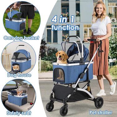 Візок для собак Mamizо 3-в-1: візок, переноска, сумка, до 20 кг, з відкидною конструкцією, 360° колеса, колір срібно-блакитний