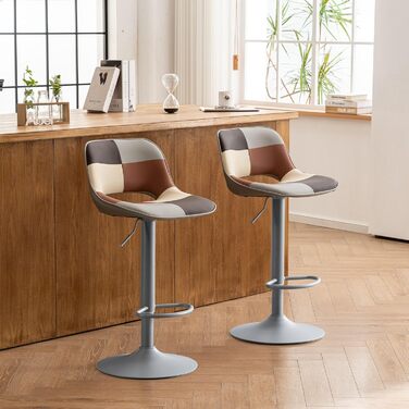 YOUNIKE 2-Piece Adjustable Bar Stools - Boho Patchwork Design - Swivel Kitchen Bar Chairs with Hollow Backrest - Yellow Green (Gray Beige)