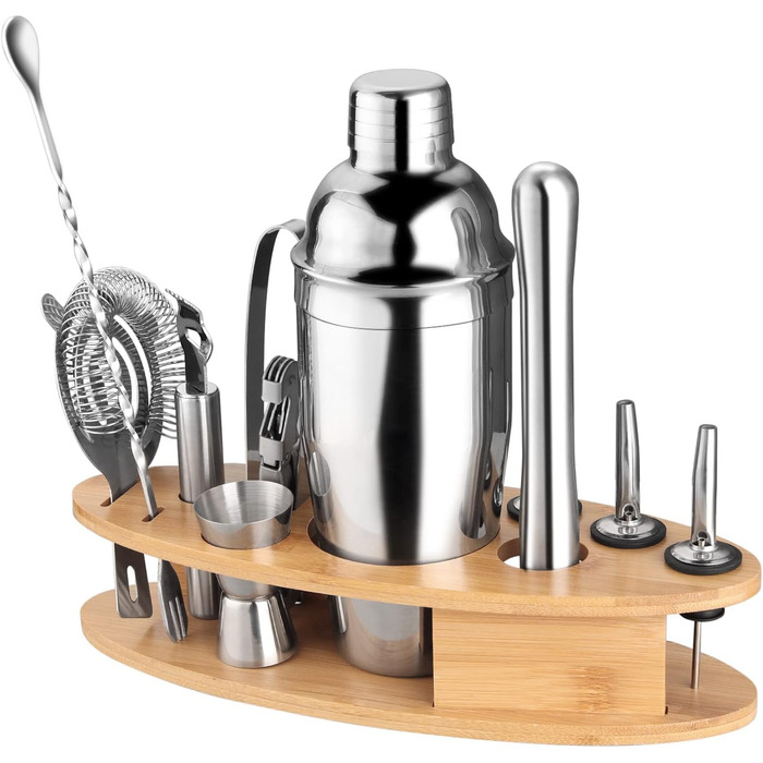 FUNYKICH Cocktail Shaker Set with Stand, 22pcs Stainless Steel Cocktail Shaker Set: 750ml Cocktail Shaker, Measuring Cups, Muddler, Spoon, Strainer, Jigger, Ice Tongs, Bottle Opener, Bar Measure; Bar Accessories Gift