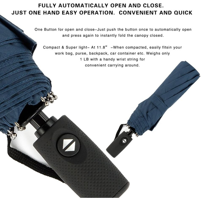 Вітростійкий туристичний парасолька SIEPASA, компактний автоматичний парасолька для подорожей, Marineblau (темно-синій), 42 дюйми
