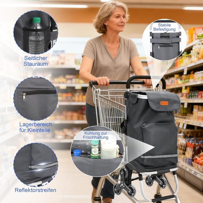 Тролей для покупок Sekey XXL з підйомником для сходин, 3-колісний вагончик для кемпінгу та покупок, регульована ручка, алюміній 3-в-1, з відділенням для охолодження та напоїв (сірий)
