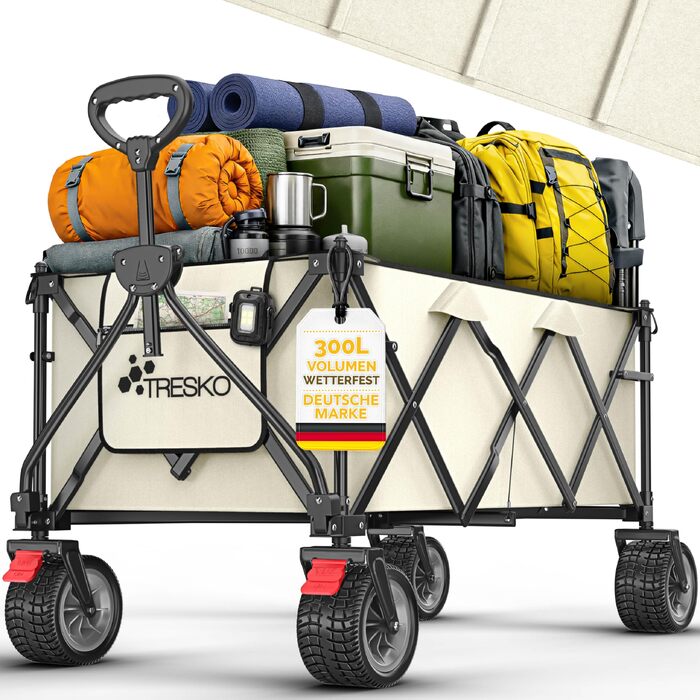 Універсальний складаний візок TRESKO® 300L з гальмом та повногумовими колесами | Складаний пляжний візок позашляховик, бежевий