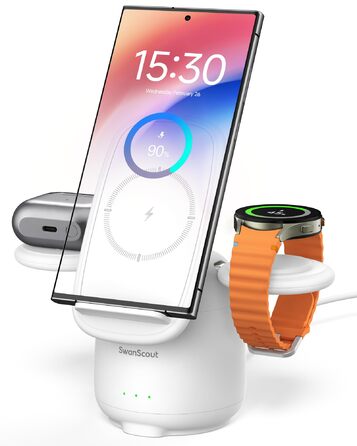 Бездротова зарядка SwanScout 3-в-1 для Samsung Galaxy S25 Ultra, S24, S23, Z Flip 7, Z Fold 7, Galaxy Watch 8/Ultra/7/6/5, Buds (без адаптера) біла