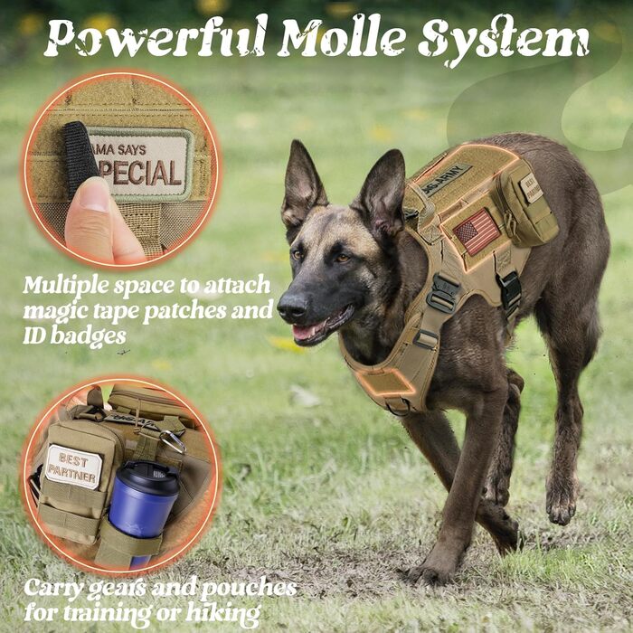 Шлейка для собак Rabbitgoo для великих собак без натягу, тактична нагрудна шлейка з MOLLE, металеві пряжки, дихаюча, військова, регульована, з підкладкою, L (1 шт., коричнева)