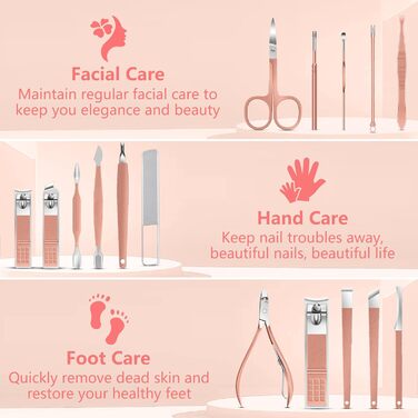 Набір для манікюру та педикюру, 16 шт. з нержавіючої сталі, професійний набір для догляду за нігтями з портативним шкіряним етиулюком, чорний/рожевий