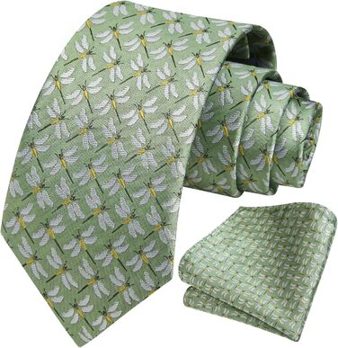 HISDERN Комплект краватки та нагрудного хустинки для чоловіків: зелено-жовтий принт, класичний стиль, для весілля та ділових зустрічей