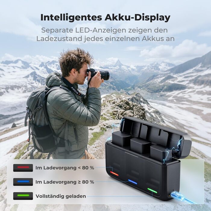 Набір акумуляторів K&F CONCEPT NP-FW50 (3 шт.) з 20W LED PD швидким зарядним пристроєм для Sony Alpha A6000, A6100, A6300, A6400, A6500, A7, A7 II, A7R, A7S, RX10