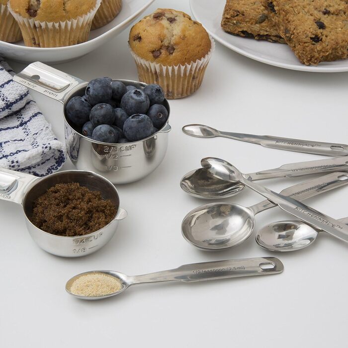 Measuring cups and spoons, 13-piece complete set of professional-grade quality 18/8 stainless steel – 7 stackable cups and 12 spoons, perfect for storing dry and liquid ingredients.