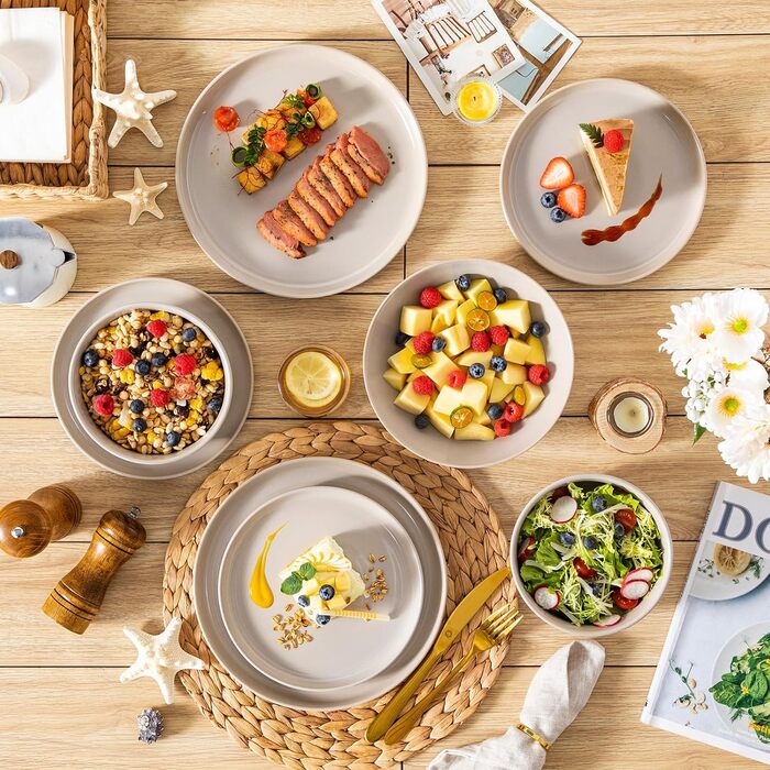 Набір чашок Vancasso PLAYA 6 шт. з ручкою 480мл, чайні чашки з кераміки, придатні для мікрохвильової печі та посудомийної машини (Бежевий, Сервіз 48 шт.)