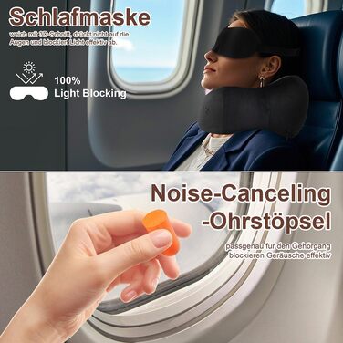Подушка для шиї в літак та авто з ефектом пам'яті (Memory Foam), набір для подорожей зі маскою для сну, берушами та сумкою, чорна
