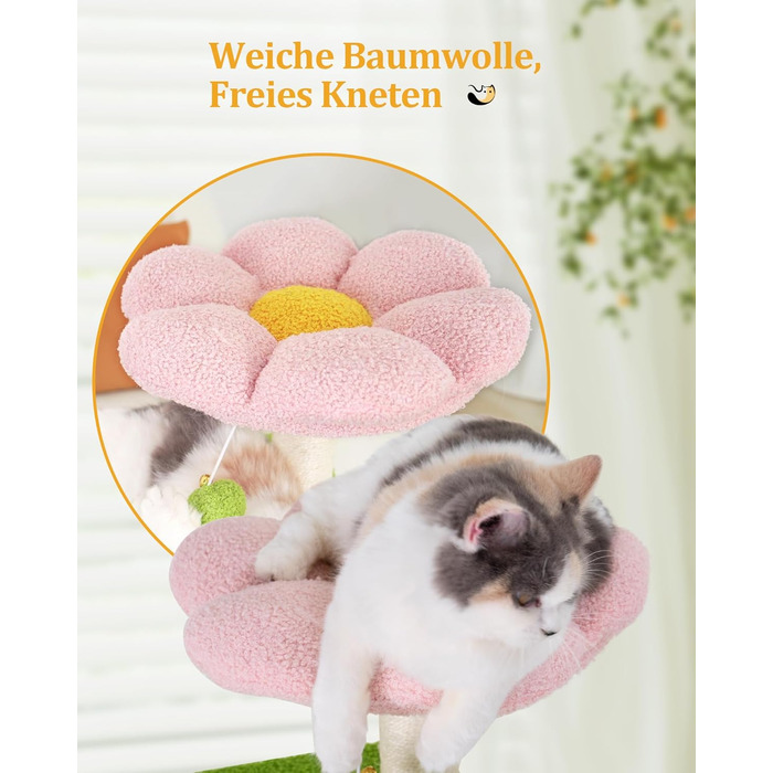 Кігтеточка-будинок для котів з квітами, 104 см, зелено-рожевий. Багатоповерхова кігтеточка з гамаком та будиночком.