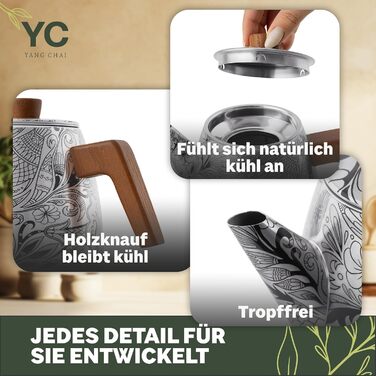 Термочайник YC Yang Chai з подвійними стінками та ситом із нержавіючої сталі 304, 1.1 л, з ручками з дуба для листового чаю